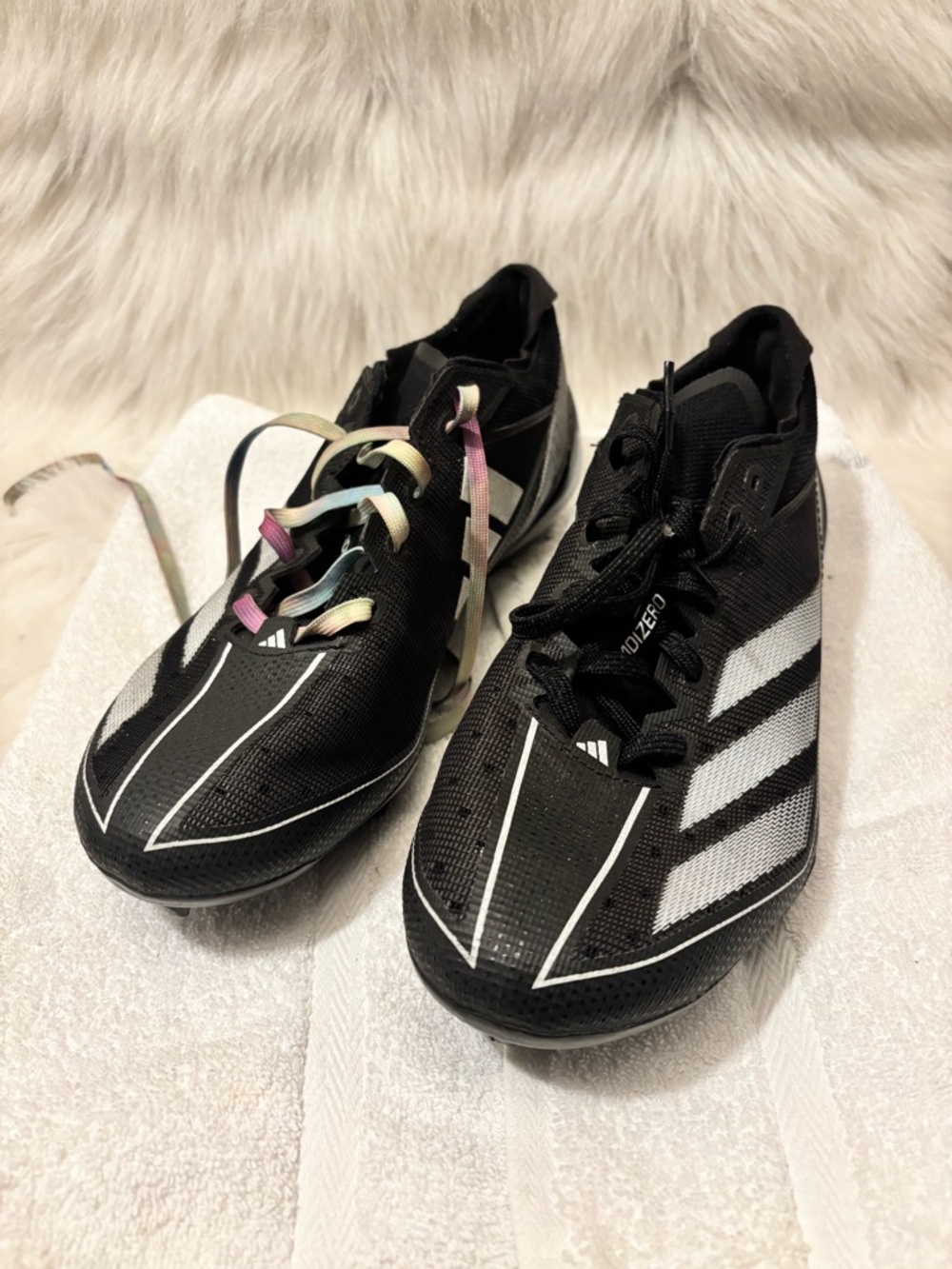 adidas Mens Black Soccer Cleats with White Stripes and Pastel Laces